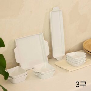 [케어프린] 세라믹 나눔 접시 볼 플레이팅 직사각 3구 나눔접시세트(5P)